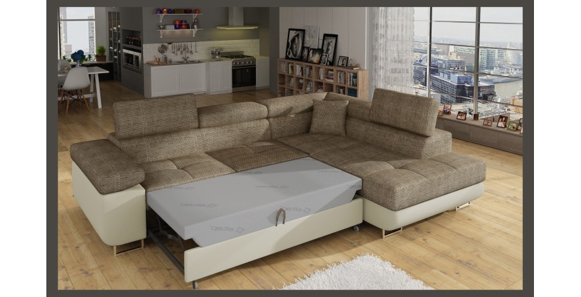 Canapé d’angle convertible MENTON beige bouclé – 4 places avec coffre et têtières