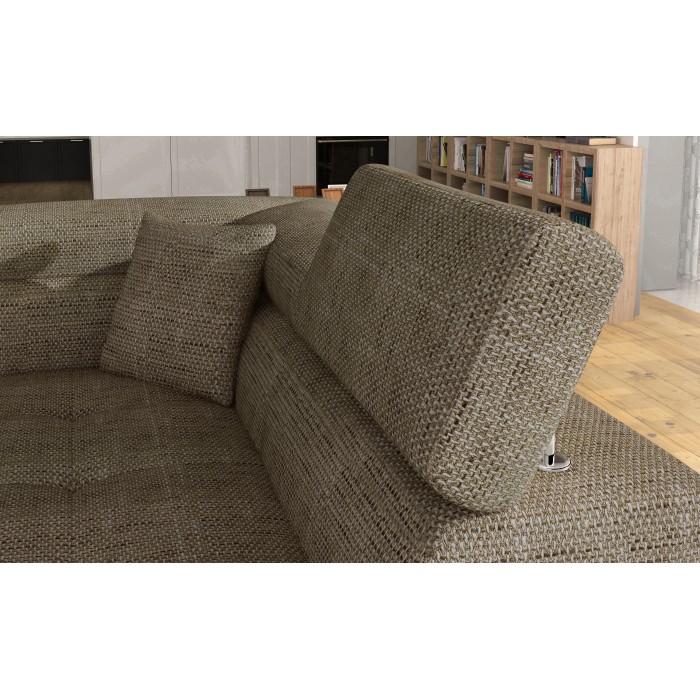 Canapé d’angle convertible MENTON beige bouclé – 4 places avec coffre et têtières