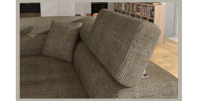 Canapé d’angle convertible MENTON beige bouclé – 4 places avec coffre et têtières