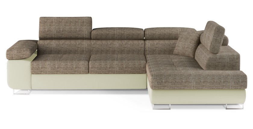 Canapé d’angle convertible MENTON beige bouclé – 4 places avec coffre et têtières