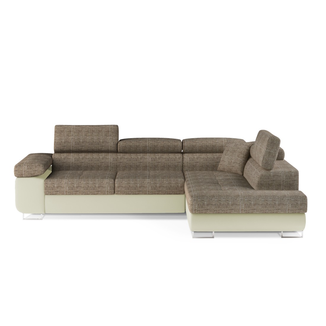 Canapé d’angle convertible MENTON beige bouclé – 4 places avec coffre et têtières