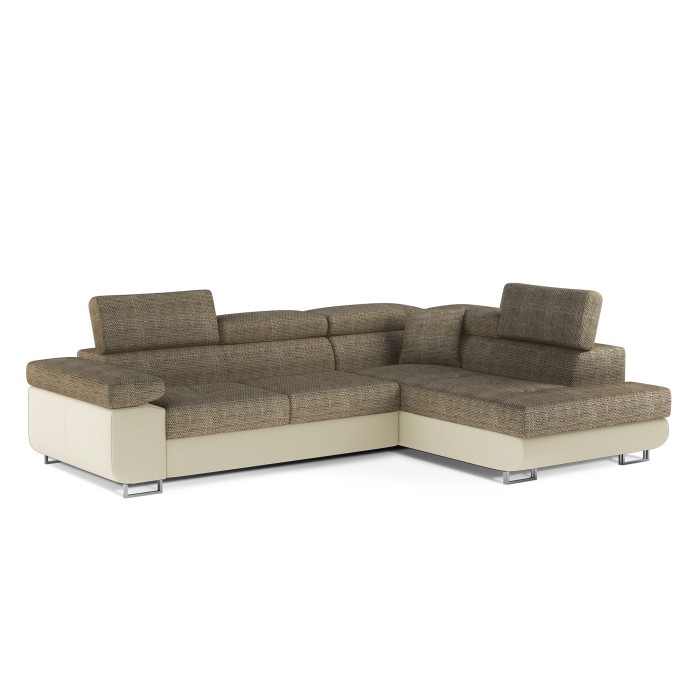 Canapé d’angle convertible MENTON beige bouclé – 4 places avec coffre et têtières