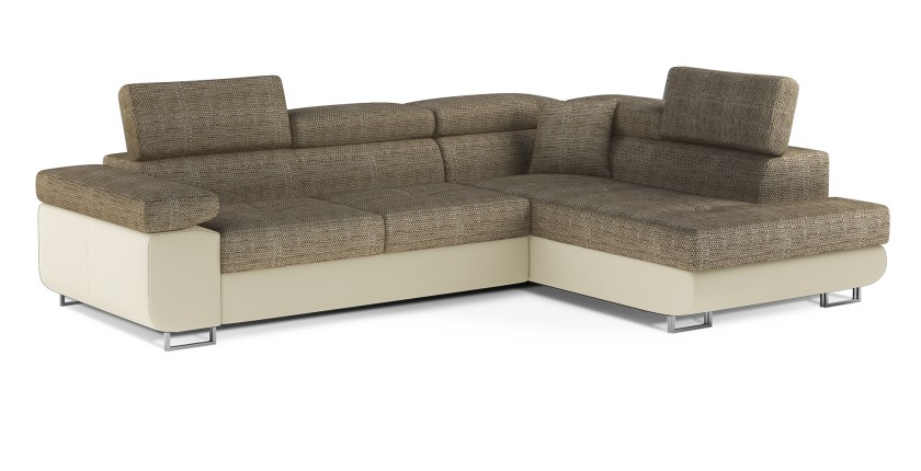 Canapé d’angle convertible MENTON beige bouclé – 4 places avec coffre et têtières