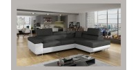 Canapé d’angle convertible MENTON gris et blanc – 4 places avec coffre et têtières