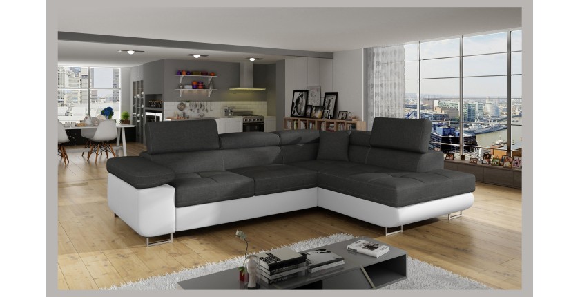 Canapé d’angle convertible MENTON gris et blanc – 4 places avec coffre et têtières