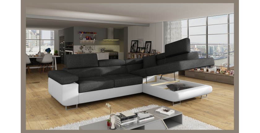 Canapé d’angle convertible MENTON gris et blanc – 4 places avec coffre et têtières