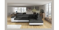 Canapé d’angle convertible MENTON gris et blanc – 4 places avec coffre et têtières