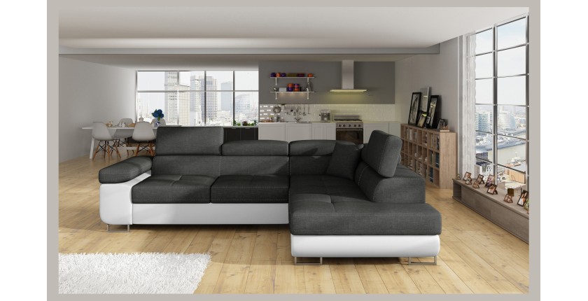 Canapé d’angle convertible MENTON gris et blanc – 4 places avec coffre et têtières