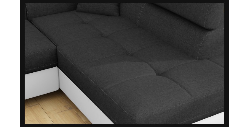 Canapé d’angle convertible MENTON gris et blanc – 4 places avec coffre et têtières