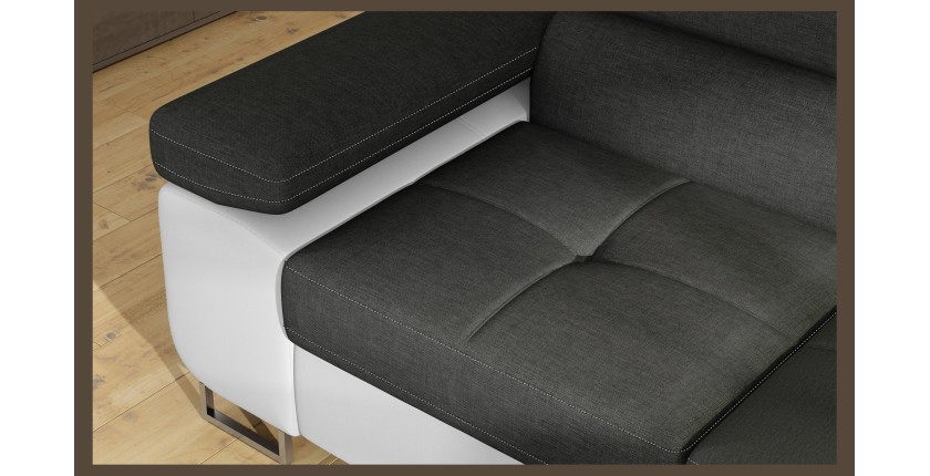 Canapé d’angle convertible MENTON gris et blanc – 4 places avec coffre et têtières