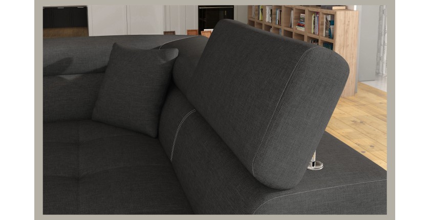 Canapé d’angle convertible MENTON gris et blanc – 4 places avec coffre et têtières