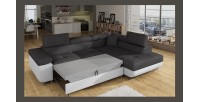 Canapé d’angle convertible MENTON gris et blanc – 4 places avec coffre et têtières