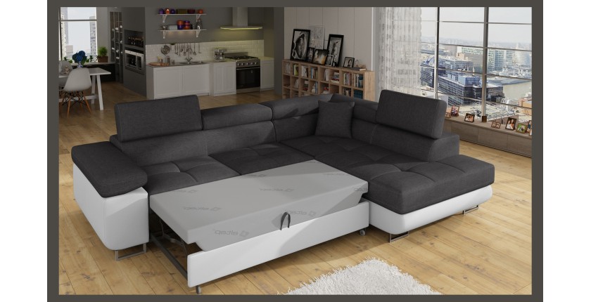 Canapé d’angle convertible MENTON gris et blanc – 4 places avec coffre et têtières