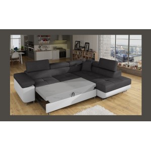 Canapé d’angle convertible MENTON gris et blanc – 4 places avec coffre et têtières