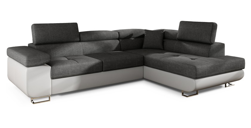Canapé d’angle convertible MENTON gris et blanc – 4 places avec coffre et têtières