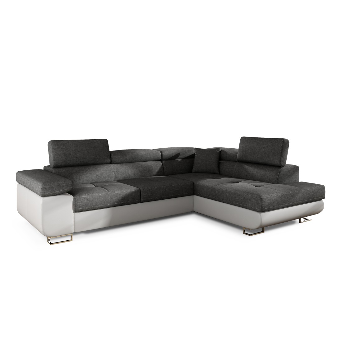 Canapé d’angle convertible MENTON gris et blanc – 4 places avec coffre et têtières
