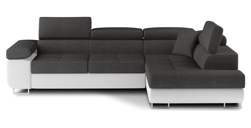 Canapé d’angle convertible MENTON gris et blanc – 4 places avec coffre et têtières