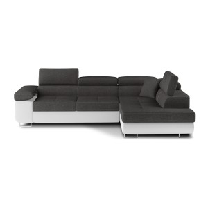 Canapé d’angle convertible MENTON gris et blanc – 4 places avec coffre et têtières
