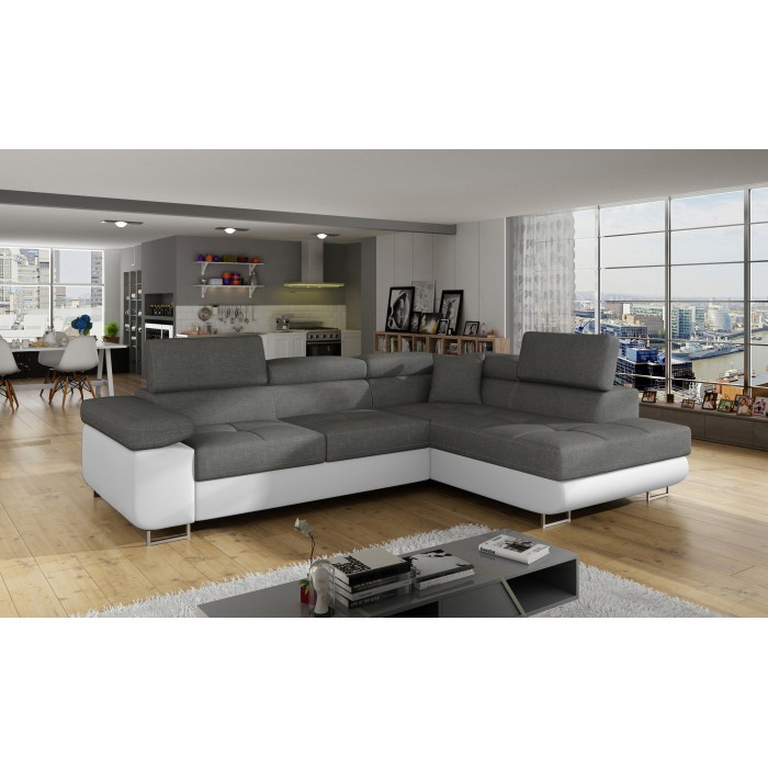 Canapé d’angle convertible MENTON gris clair et blanc – 4 places avec coffre