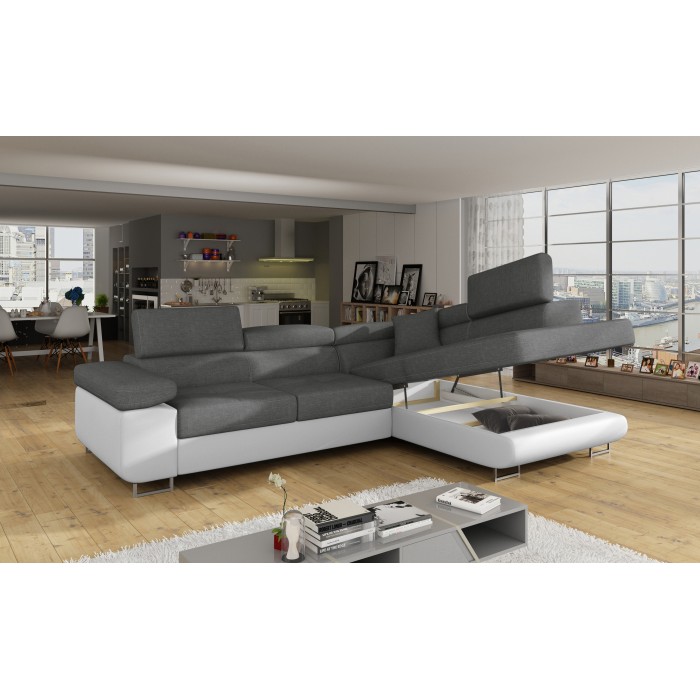 Canapé d’angle convertible MENTON gris clair et blanc – 4 places avec coffre
