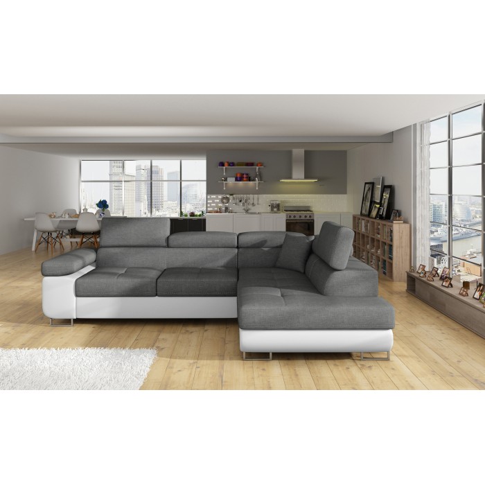 Canapé d’angle convertible MENTON gris clair et blanc – 4 places avec coffre
