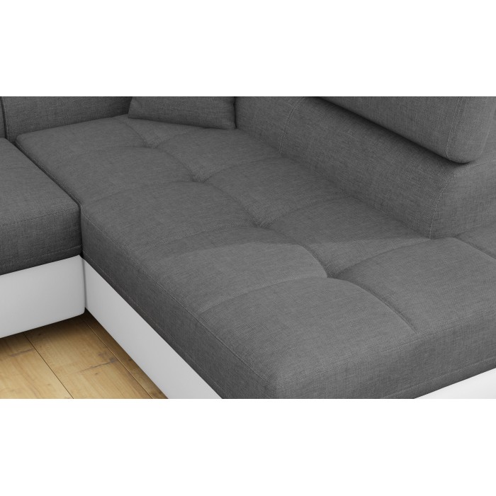 Canapé d’angle convertible MENTON gris clair et blanc – 4 places avec coffre