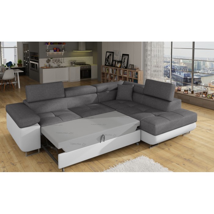Canapé d’angle convertible MENTON gris clair et blanc – 4 places avec coffre