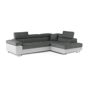 Canapé d’angle convertible MENTON gris clair et blanc – 4 places avec coffre