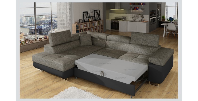 Canapé d’angle convertible MENTON gris et noir bouclé – Angle gauche avec coffre