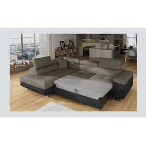 Canapé d’angle convertible MENTON gris et noir bouclé – Angle gauche avec coffre