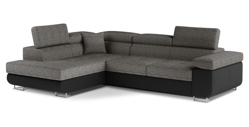 Canapé d’angle convertible MENTON gris et noir bouclé – Angle gauche avec coffre