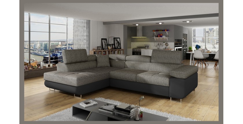 Canapé d’angle convertible MENTON gris et noir bouclé – Angle gauche avec coffre