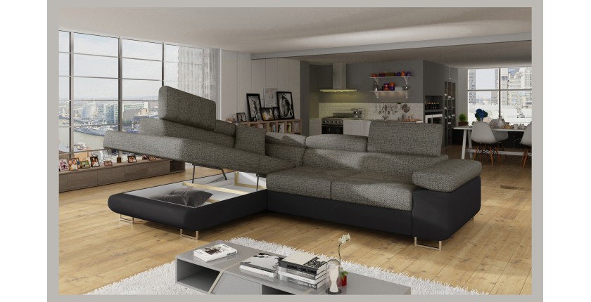 Canapé d’angle convertible MENTON gris et noir bouclé – Angle gauche avec coffre