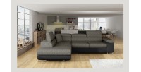 Canapé d’angle convertible MENTON gris et noir bouclé – Angle gauche avec coffre