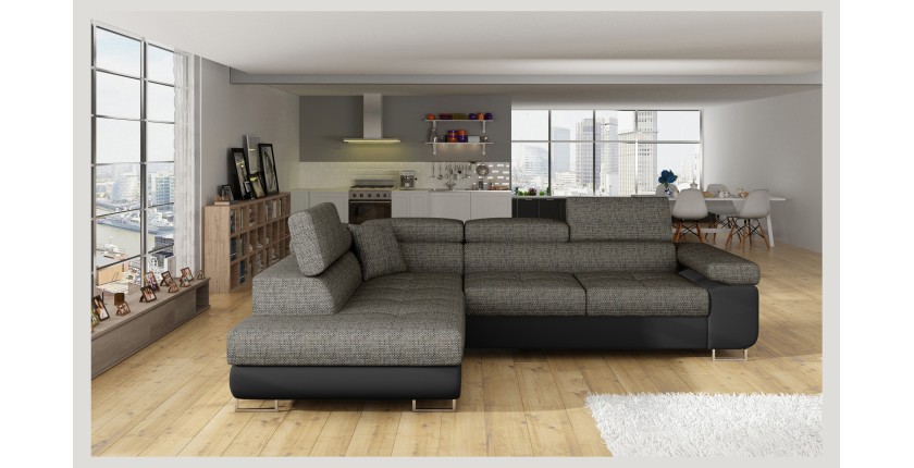 Canapé d’angle convertible MENTON gris et noir bouclé – Angle gauche avec coffre