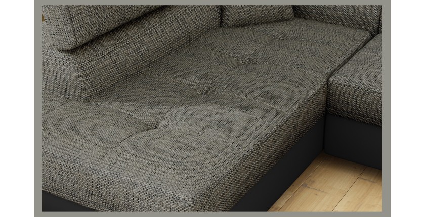 Canapé d’angle convertible MENTON gris et noir bouclé – Angle gauche avec coffre