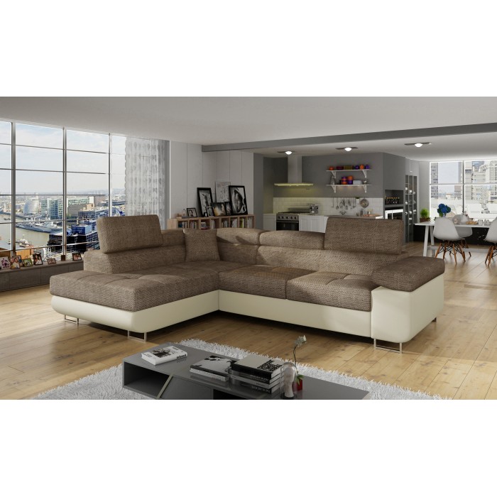 Canapé d’angle convertible MENTON beige et marron bouclé – Angle gauche avec coffre