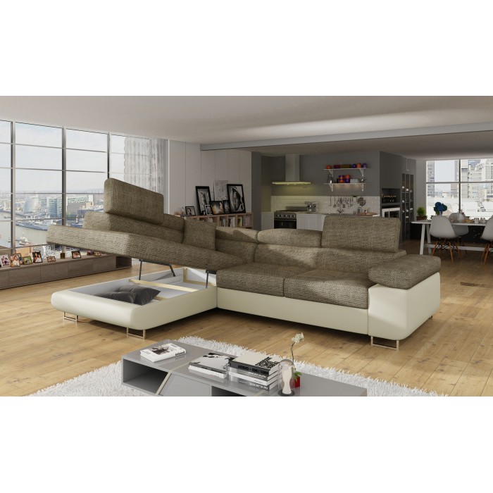Canapé d’angle convertible MENTON beige et marron bouclé – Angle gauche avec coffre