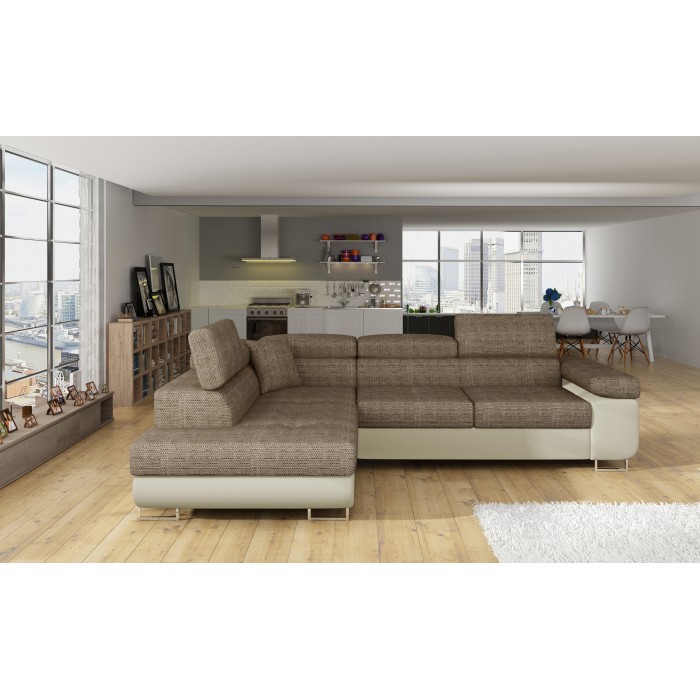 Canapé d’angle convertible MENTON beige et marron bouclé – Angle gauche avec coffre