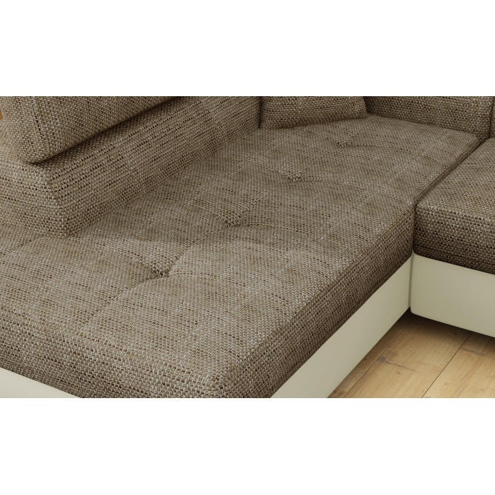 Canapé d’angle convertible MENTON beige et marron bouclé – Angle gauche avec coffre