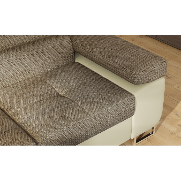 Canapé d’angle convertible MENTON beige et marron bouclé – Angle gauche avec coffre