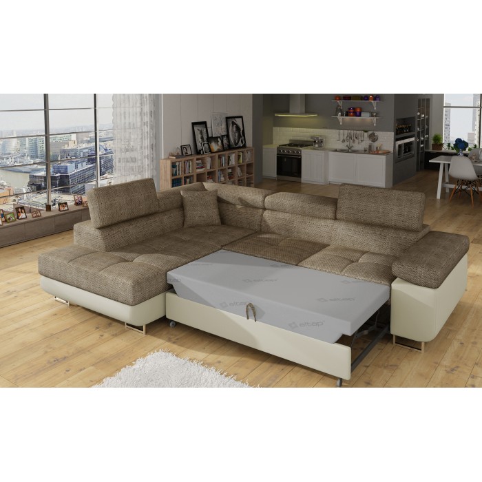 Canapé d’angle convertible MENTON beige et marron bouclé – Angle gauche avec coffre
