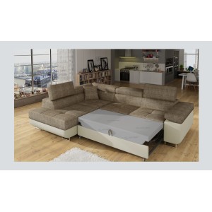 Canapé d’angle convertible MENTON beige et marron bouclé – Angle gauche avec coffre