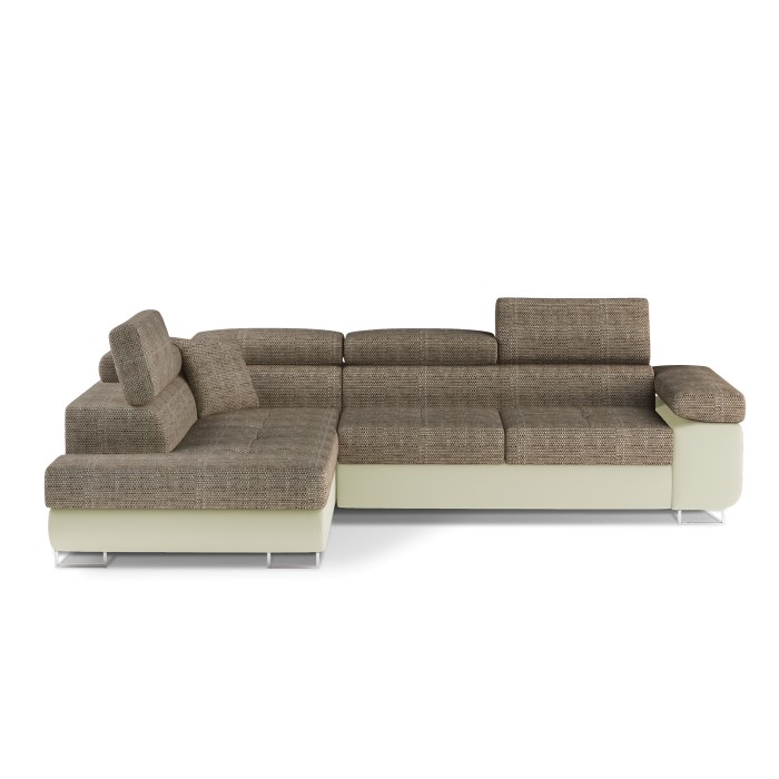 Canapé d’angle convertible MENTON beige et marron bouclé – Angle gauche avec coffre