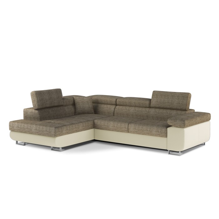Canapé d’angle convertible MENTON beige et marron bouclé – Angle gauche avec coffre