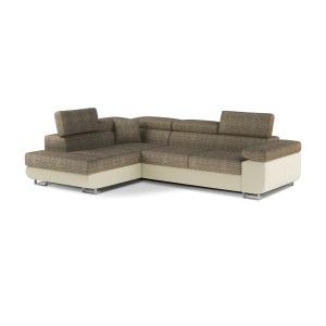Canapé d’angle convertible MENTON beige et marron bouclé – Angle gauche avec coffre