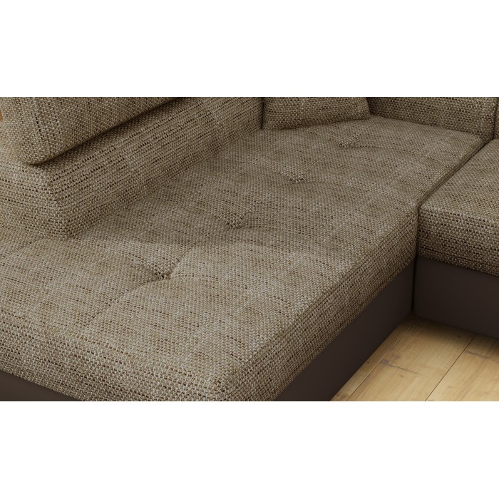 Canapé d’angle convertible MENTON beige et chocolat bouclé – Angle gauche avec coffre