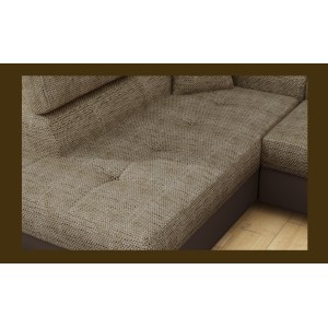 Canapé d’angle convertible MENTON beige et chocolat bouclé – Angle gauche avec coffre