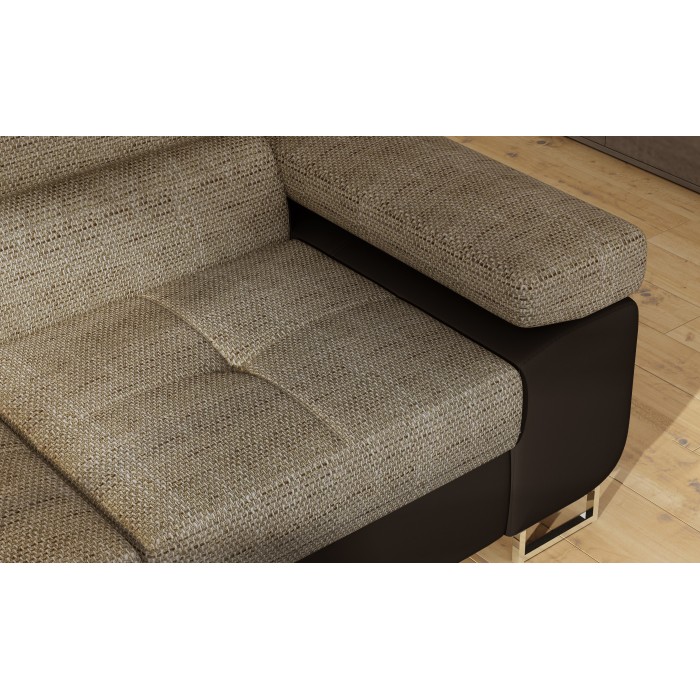 Canapé d’angle convertible MENTON beige et chocolat bouclé – Angle gauche avec coffre