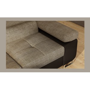Canapé d’angle convertible MENTON beige et chocolat bouclé – Angle gauche avec coffre